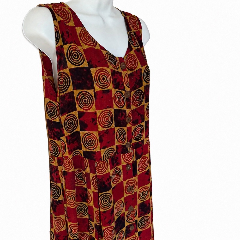 April Cornell Vintage 90s Rayon Maxi Dress Abstract Geometric Boho Red Gold S